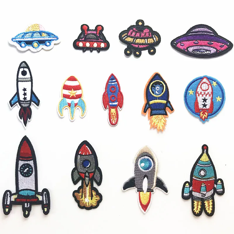 Rocket Flying Spaceship Patches For Clothing Embroidered DIY Thermoadhesive Applique Clothes Stickers Sewing Iron On Stickers