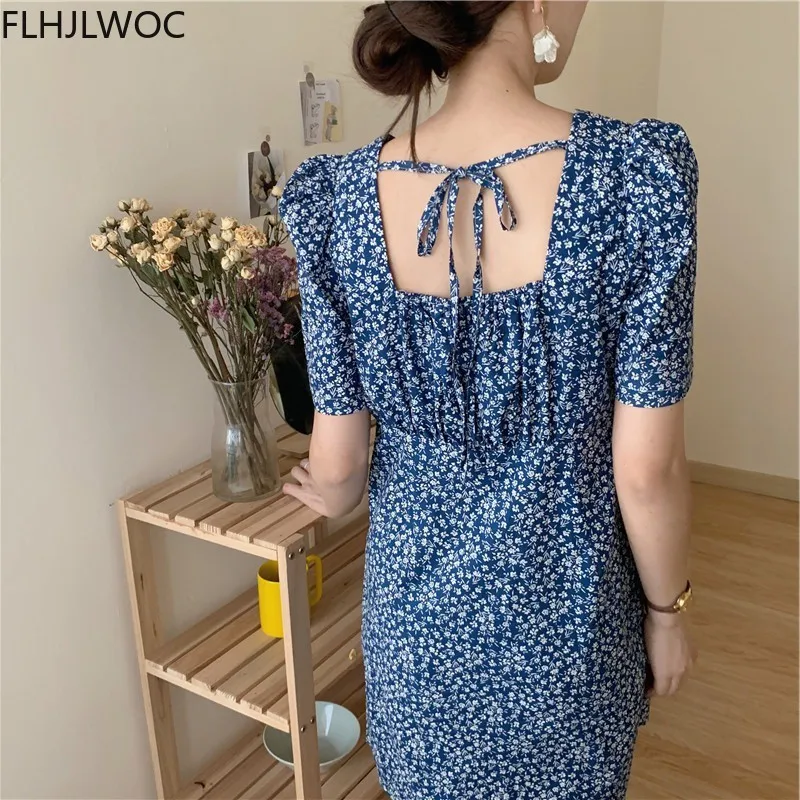 Korea Chic Temperament Feminine Vestidos Women Square Neck Floral Printed Date Girls Backless Lace-Up Bow Tie Cute Dress