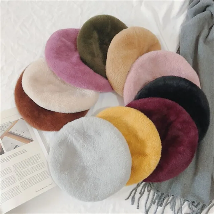 New Fashion Cheap Rabbit Fur Winter Beret Hat for Women Knitted Hat fashion Beret for Adult Girl Solid Colors Fashion Lady Cap