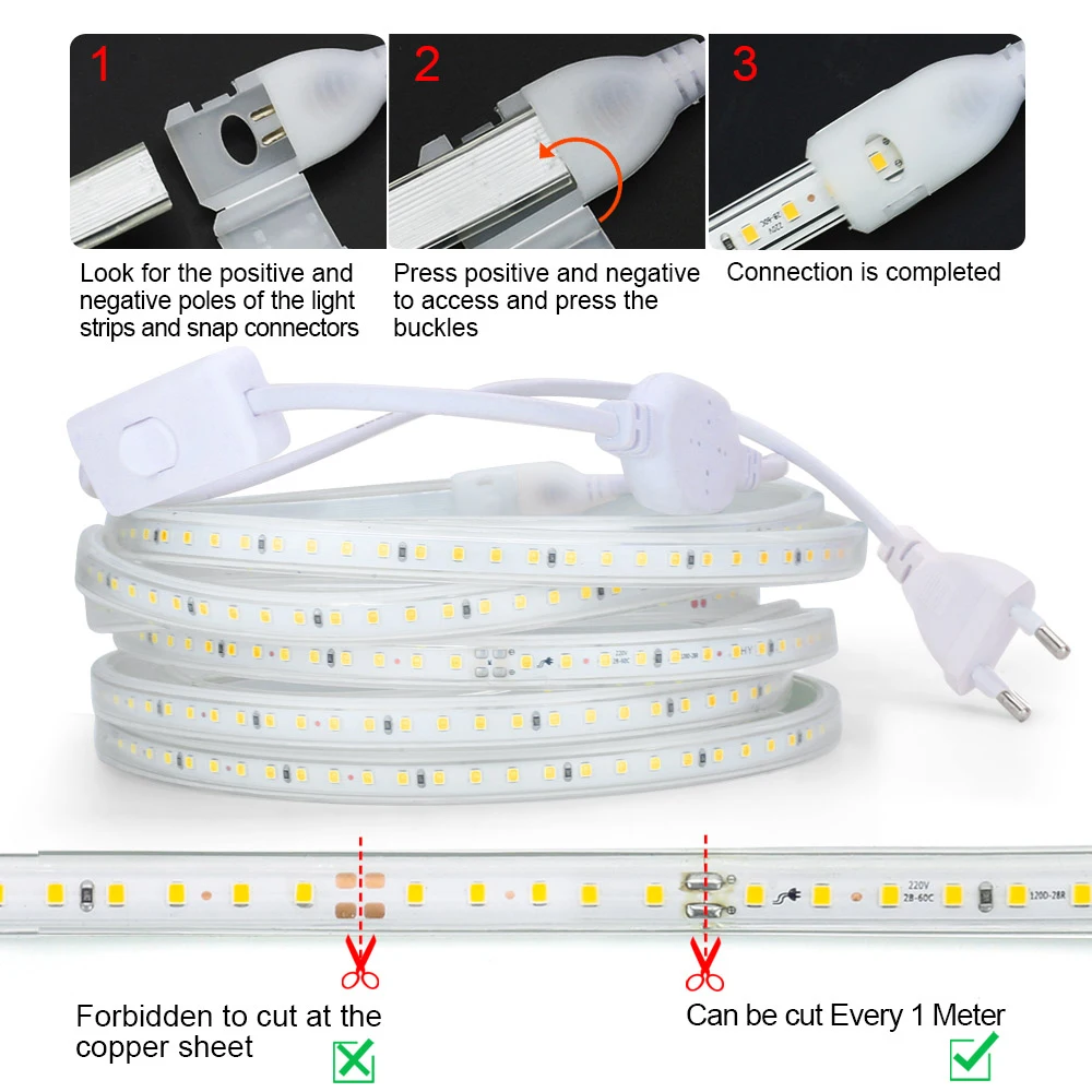 شريط أضواء Led 20 متر 15 متر 2835 SMD شريط مرن مقاوم للماء 220 فولت TV غرفة نوم عيد الميلاد ضوء 120 المصابيح/م الاتحاد الأوروبي السلامة عالية السطوع