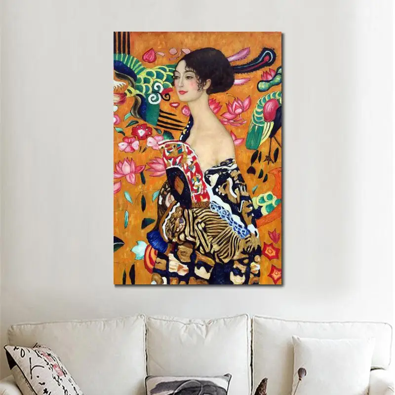 Imagem -06 - Lona Wall Art Gustav Klimt Retrato Pintura Senhora com um Ventilador Mão Óleo Pintado Mulher Linda Obra para Decoração do Quarto Presente