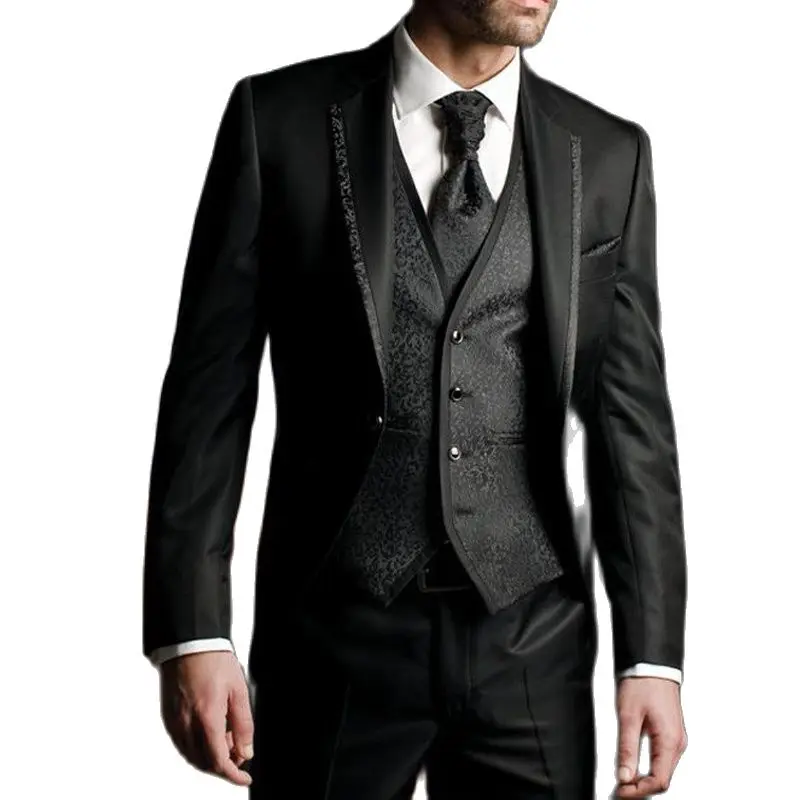 

Black Formal Men Suits for Wedding Slim Fit 3 Piece Floral Jacket Vest with Pants Custom Male Fashion Costume