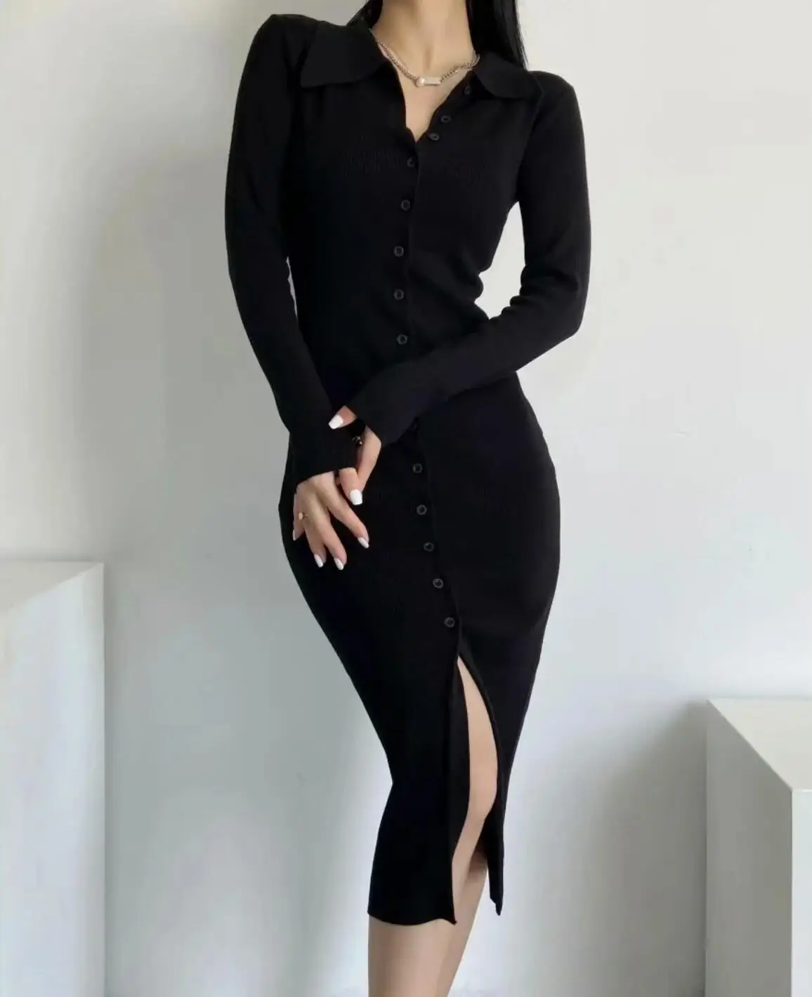 2021 Women Sexy Lapel Single-Breasted Buttons Bodycon Dresses Midi Slit Long Sleeve Sweater Dress Package Hips Slim Robe Vestido