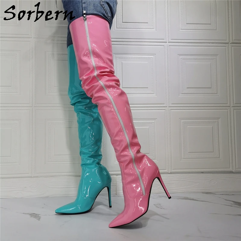 Sorbern Contrast Color Women Boots With Different Colors Legs Out Zip Up Mid Thigh High Boots Over The Knee Pointy Toe High Heel