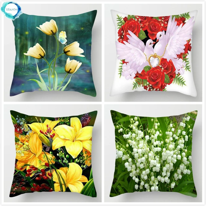 Sunflower Lotus Lily Rose Pattern Polyester Cushion Cover Pillow Cover Decorative for Home Chair Car Sofa 45x45cm