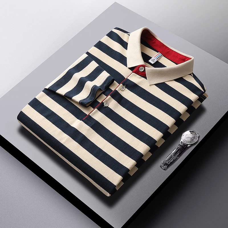 Autumn Men Polo Shirt Mens Business Casual Tops Men\'s Blue Green Striped Long Sleeve Polo Shirt Male Work Clothing Collar Polos