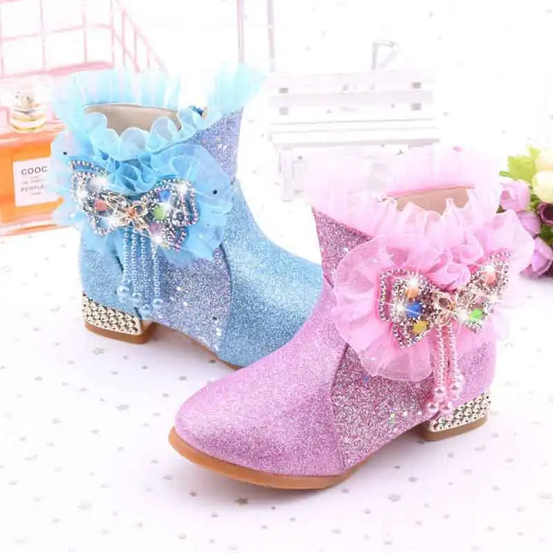 

Kids Shining Boots Princess Rhinestone Tassel Plush Snow Shoes Glitter Bow Knot Sequins Ankle Boots Size 27-38 Pink Blue Botas