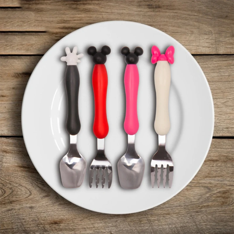 Cartoon Mickey Children Spoon Fork Set Baby Feeding Spoon Stainless Steel Kids Eating Utensils Toddler Baby Flatware Accessories