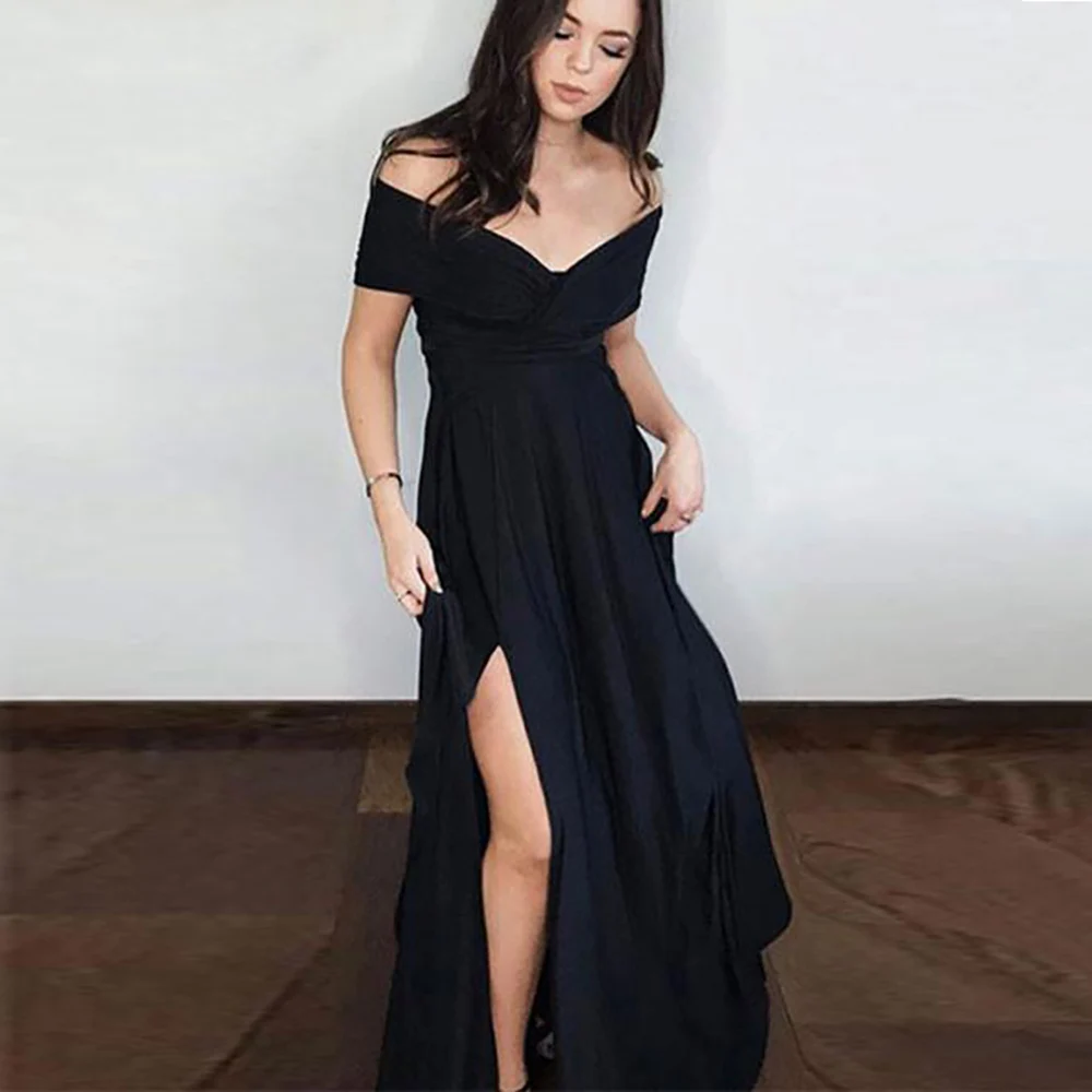 

New Elegant Off the Shoulder V-Neck Long Evening Party Dress with Slit A-Line Chiffon Black Prom Dress