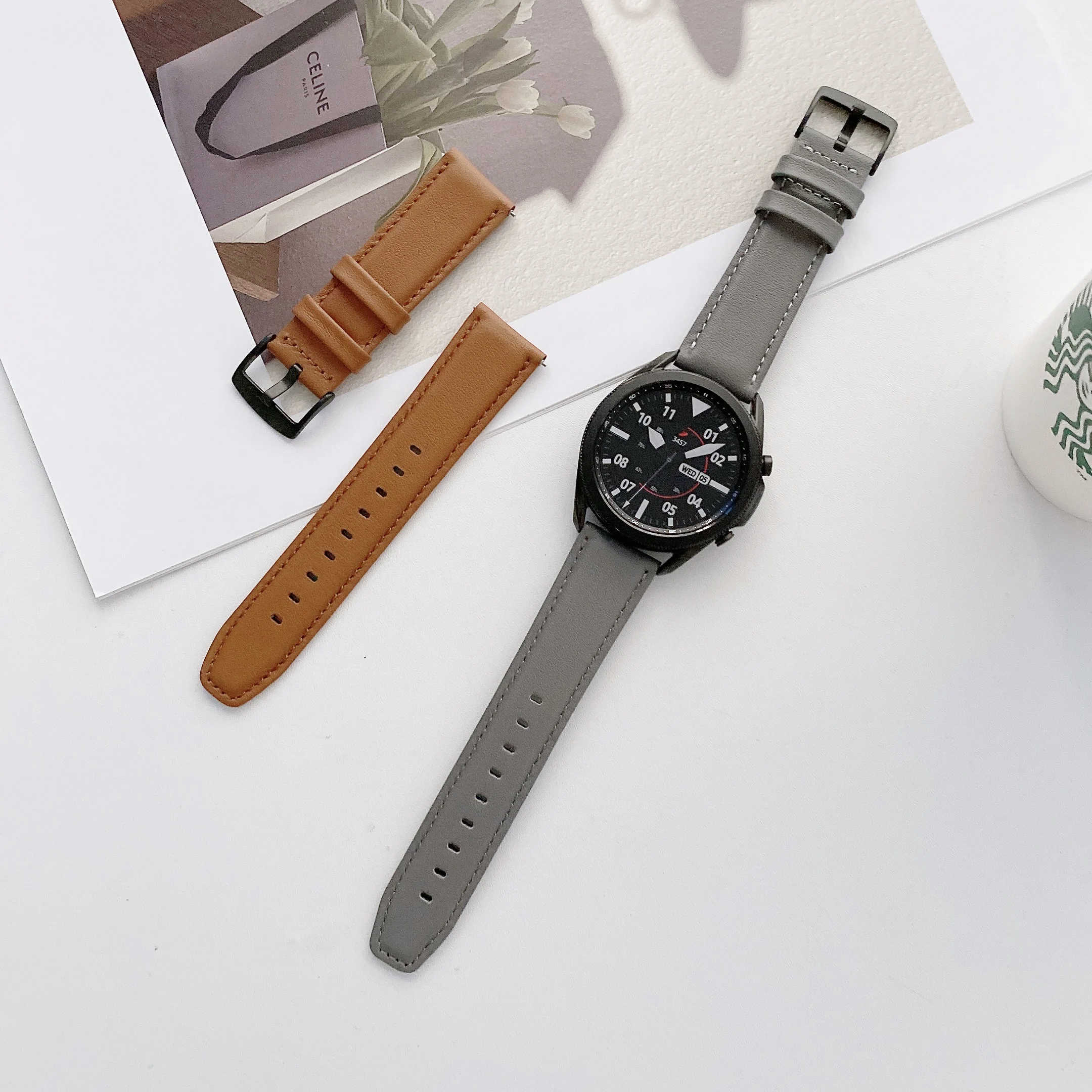 

Ремешок кожаный для Huawei Watch GT2/Samsung Galaxy watch 3 S3/Active 2, мужской/женский браслет для Galaxy Watch 4 20 мм, 22 мм