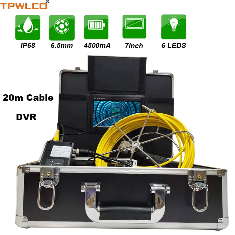 

TPWLCO 20m Cable 6.5mm Waterproof Pipe Inspection Video Camera With 6pcs LEDS Professional Endoscope System With DVR 7" Screen