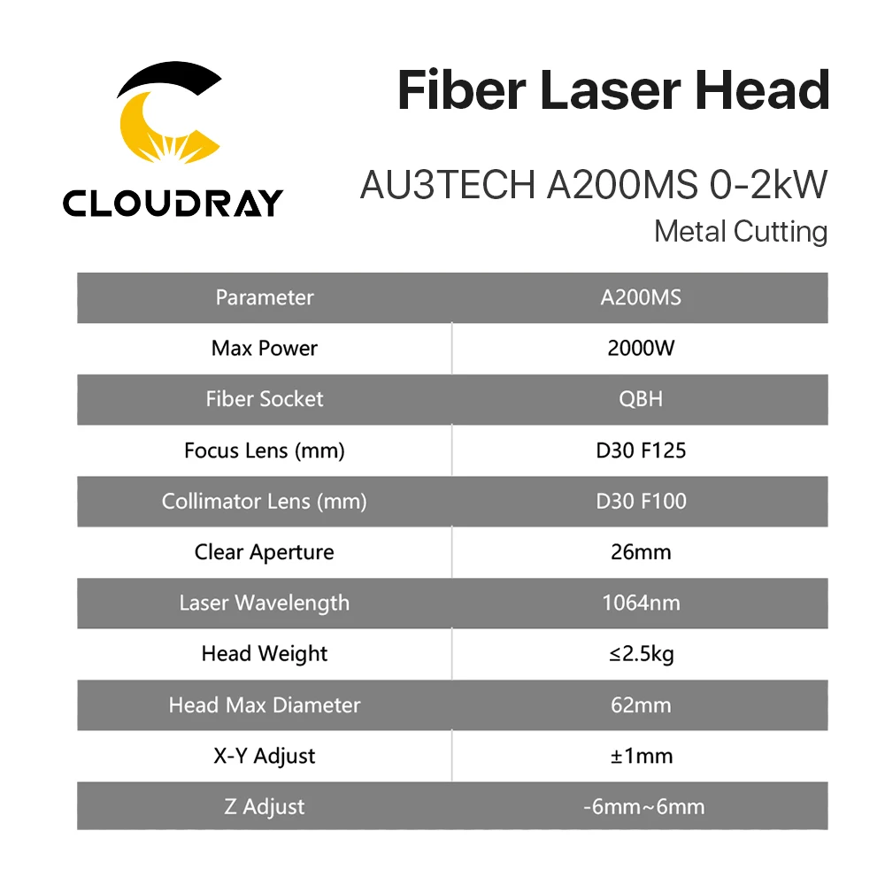 Cloudray Metal Cutting Head AU3TECH A200MS 0-2KW Automatic Focusing OBH Laser Head D30 CL100 FL125 Ceramic D28 for Laser Machine