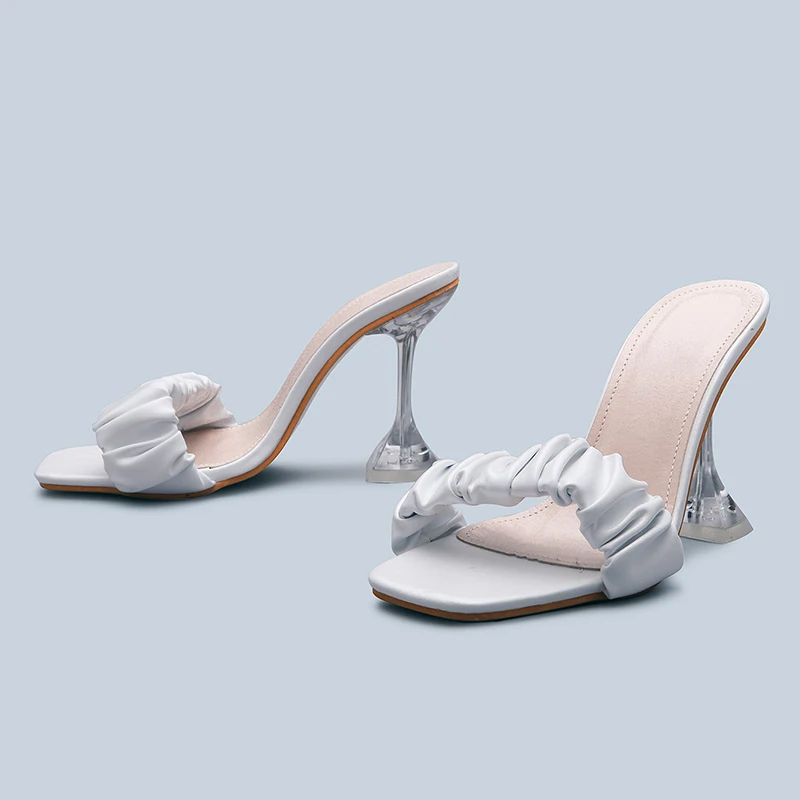 2022 Summer woman pleated shoes transparent perspex crystal high heels open toe mules ladies slides shoes white black size 40
