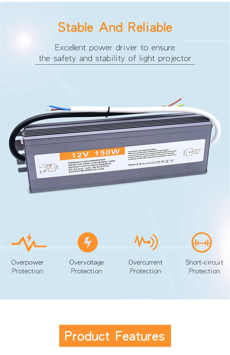 Transformador de fuente de alimentación conmutada a prueba de agua IP67, controlador de iluminación de CA 110V ~ 220V a cc 12V 24V, 30W, 50W, 100W,