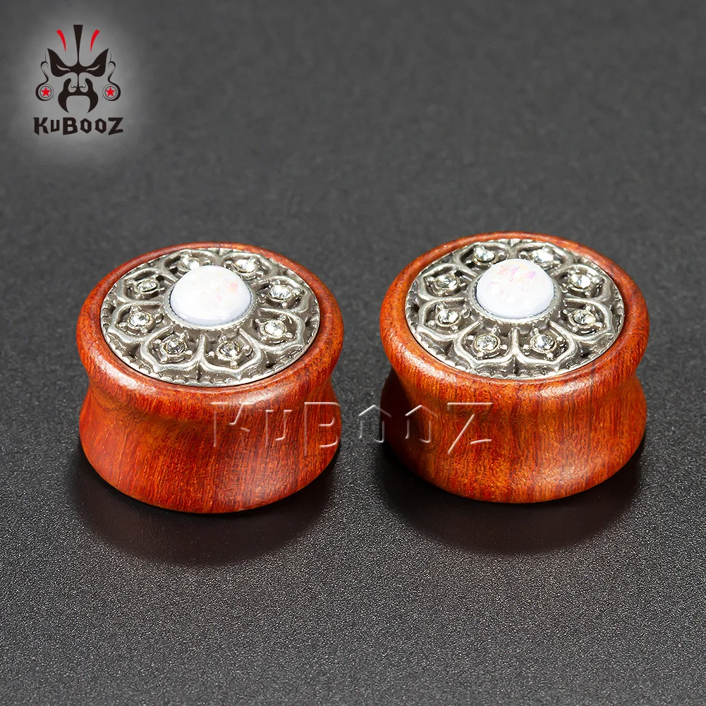 KUBOOZ Wood Ear Piercing Studs Plug Tunnel Opal Metal Gauges Stretcher Body Jewelry Expander Earring Fashion Gift Women Men 2PCS