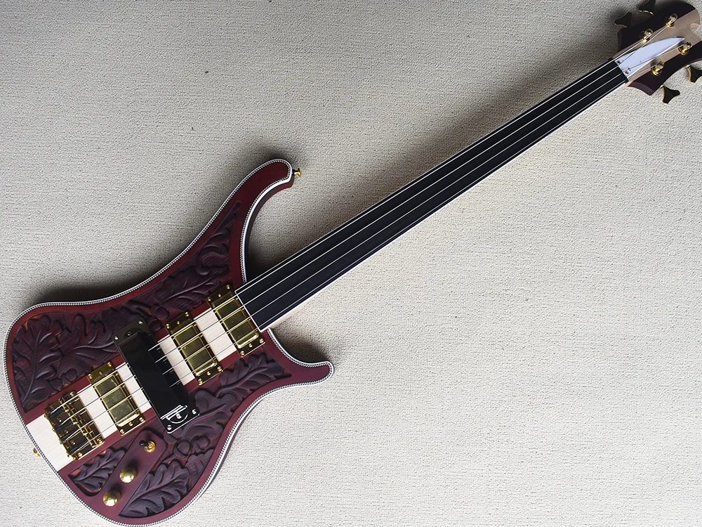 4 Strings Fretless Neck-thru-body Electric Bass Guitar with Sculpture Body,Rosewood Fretboard