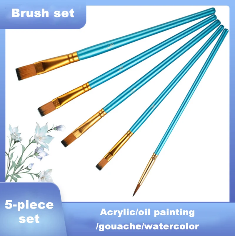 5 pcs watercolor brush pen blue-rod nylon hair flat head gouache paint brush set art Round head hook line pen painting supplies