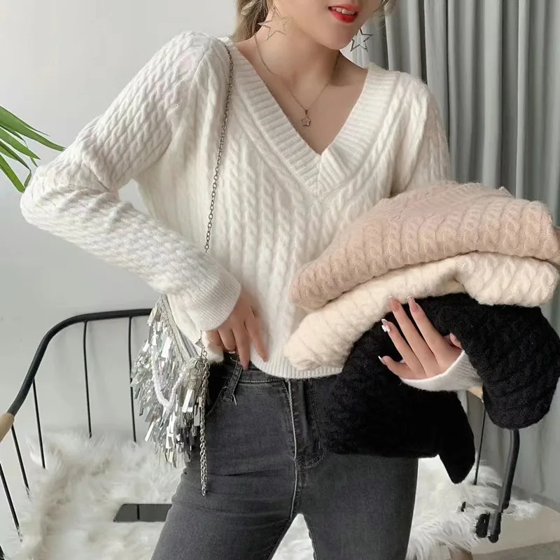 

Lazy Style V-neck Twist Profile Pullover Sweater Women Autumn/winter New Style Thin Outer Wear Long-sleeved Knitted Top Women