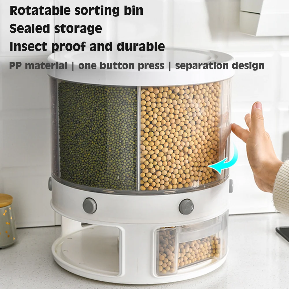 10L Rotating Rice Dry Food Dispenser Rice Bucket Cereal Container Rotating Storage Case Dry Food Container Kitchen Storage New