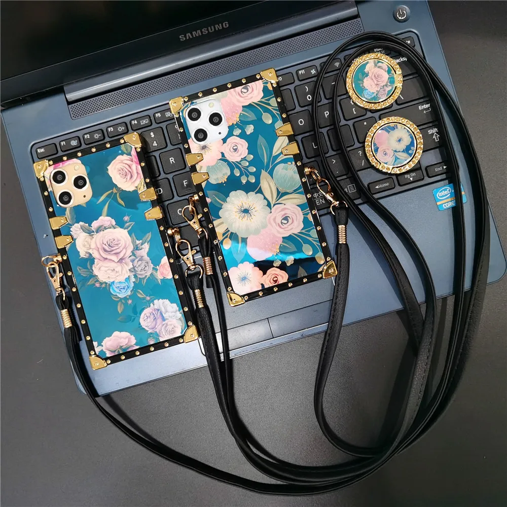 Luxury Floral Flower Woman Cover Rope Lanyard Case for Samsung Galaxy S24 Ultra S22 Plus S21 S23 FE S10 S20 S9 Note 20 10 9 8