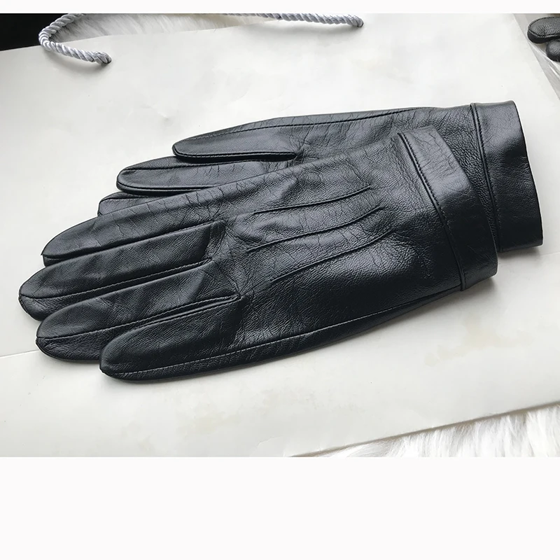 Unlined Gloves Wrist Button Sheep Leather Touch Screen Winter Gloves For Men Black Thin Lining Genuine Leather