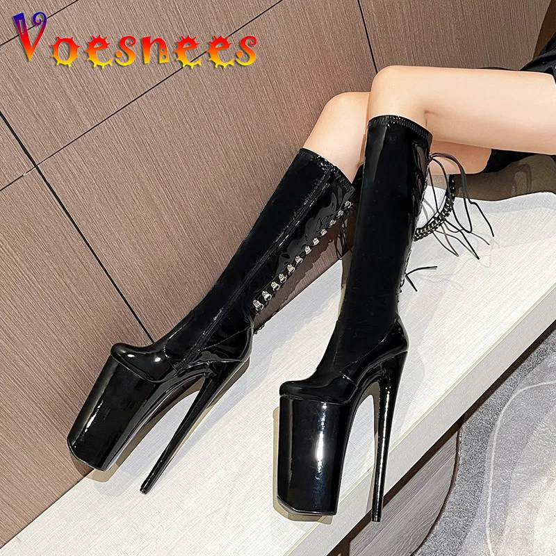 Super High Heel 26CM Nightclub Long Boots Women Lace-up Zip Design Round Toe Knee-High Boot 15CM Waterproof Platform Model Shoes