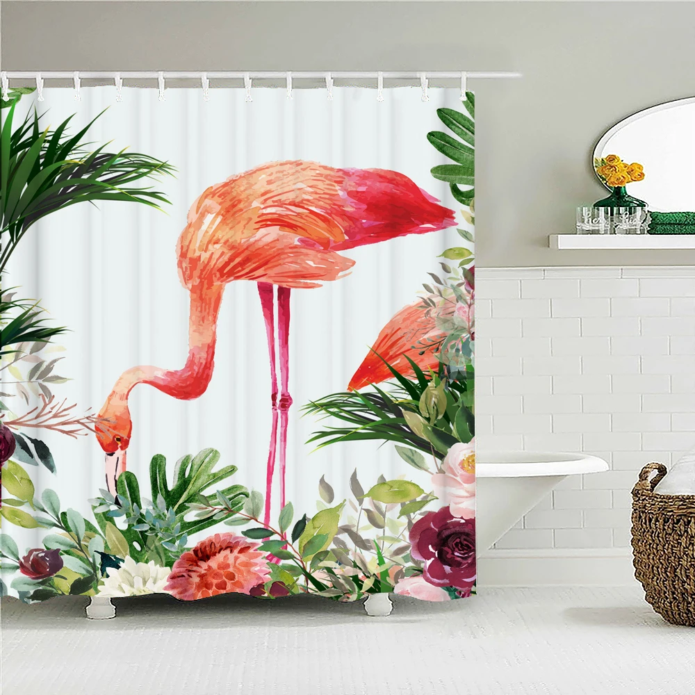 Nordic style Pink Flamingo Printed Bathroom Shower Curtain Flower leaf Plant Bath Curtain Waterproof Polyester Fabric Home Decor