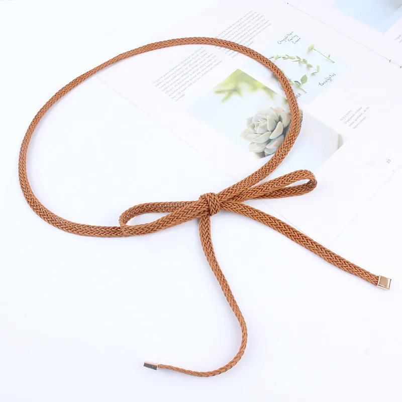 Girls Vintage Brown Thin Belts For Women Dress Knitted Woven Braided Strap Belt Waist Knotted Rope Luxury Fashion Ladies