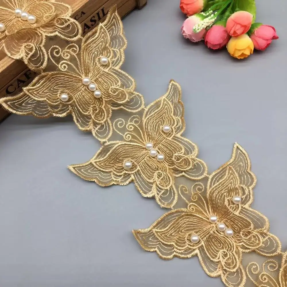 10x Oro Perla Del Merletto In Rilievo 7.5X11CM Farfalla Ricamato 3D Flower Lace Trim FAI DA TE Applique Tessuto Mestiere di Cucito FAI DA TE Abito