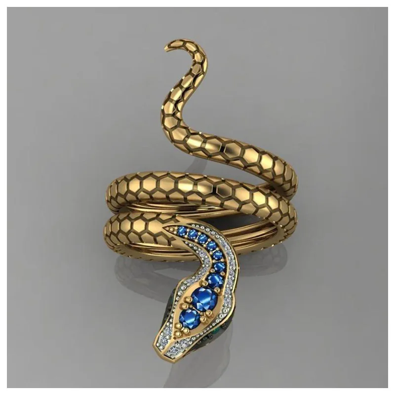 Charm Golden Snake Ring Blue Rhinestone Inlaid Snake Ring for Men and Women Fashion Noble Jewelry Gifts Drop Shipping