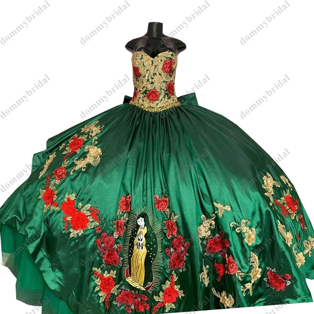 Vintage Emerald Green Ball Gown Mexican Quinceanera Dresses Vestido De 15 16 Anos Red Gold Flowers Embroidered Corset Prom Party