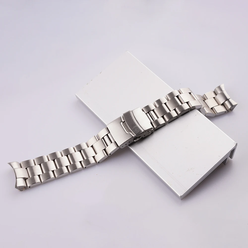 Rolamy 22mm Silver All Brushed Solid Curved End Links Replacement WatchBand Strap Bracelet Double Push Clasp For Seiko SKX 007