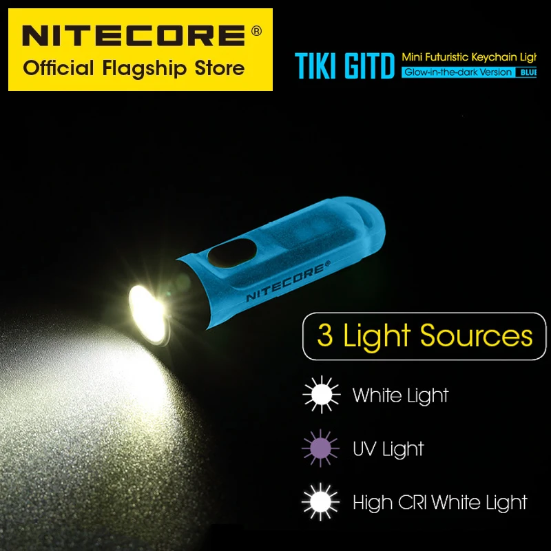 NITECORE TIKI GITD BLUE Mini Keychain Light UV Light Warning Signal Flashing EDC USB Rechargeable Flashlight with 130mAh Battery