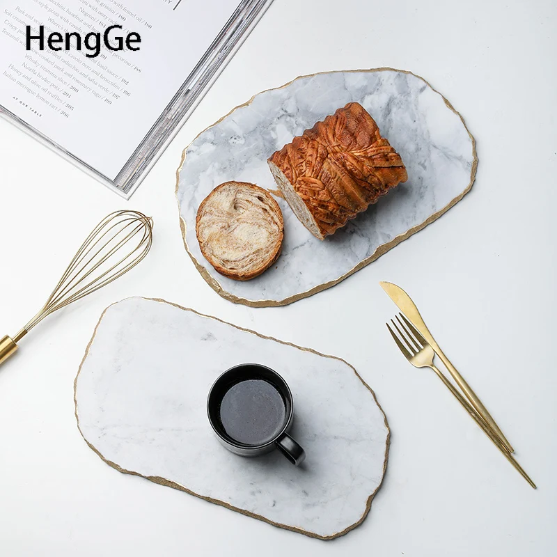 

Nordic Natural Marble Tray Golden Stroke Rectangle Fruit Plate Bread Cutting Board Dining Table Serving Trays Decorations