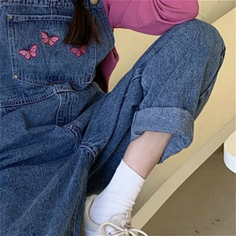 Jumpsuit Wanita Chic Kupu-kupu Bordir Korea Retro Denim Lurus Pinggang Tinggi Pakaian Wanita Saku Trendi Gadis Streetwear