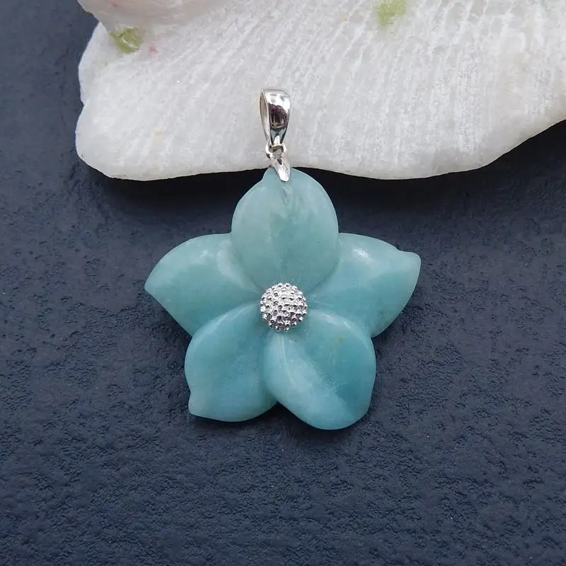 

Natural Gemstone Amazonite Handcarved Blue Flower Pendant, 925 Sterling Silver Pinch Bail, 35x5mm, 9g