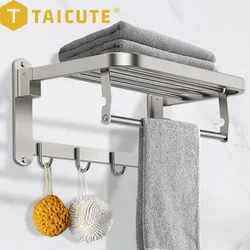 TAICUTE 2ways Installation Towel Holder Rack with Bar Hooks Wall Mount Towel Shelf  Bathroom Accessories Hardware, Brushed