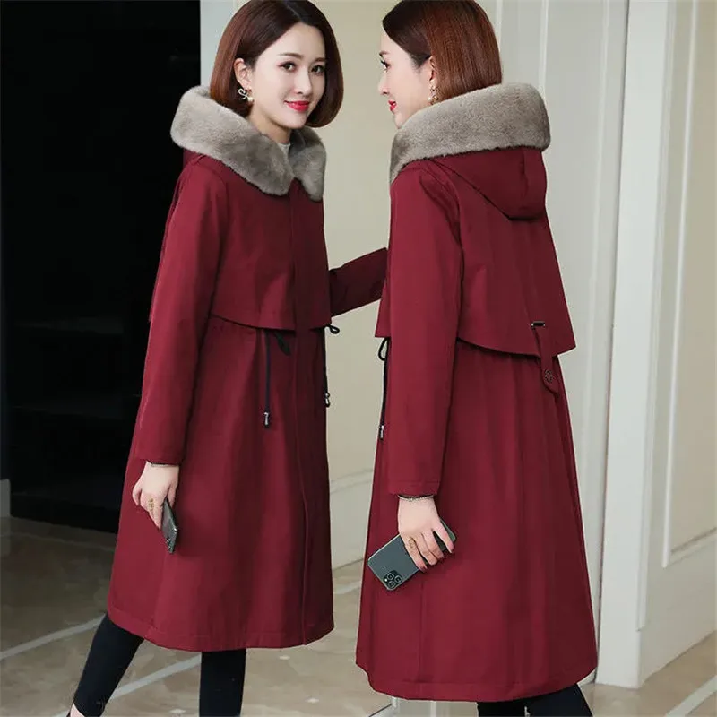 Jaqueta de inverno feminino com capuz casaco de pele longo grosso quente algodão acolchoado parkas mulher forro de lã casaco