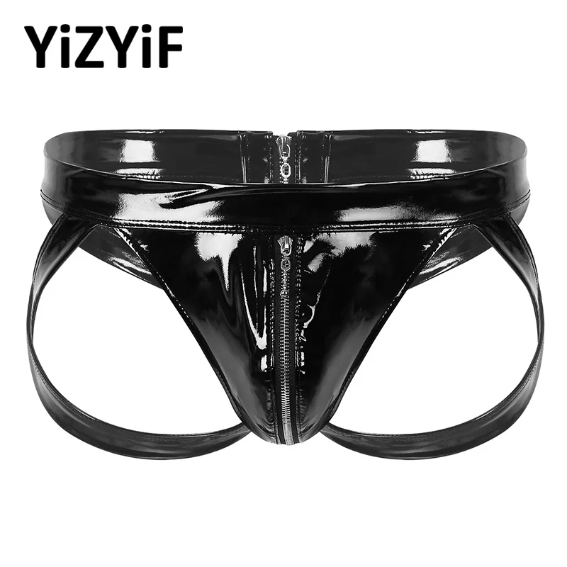 Mens Wet Look Leather Sexy Lingerie Sissy Panties Low Rise Jockstrap Bulge Pouch Open Butt Double-ended Zipper Briefs Underwear