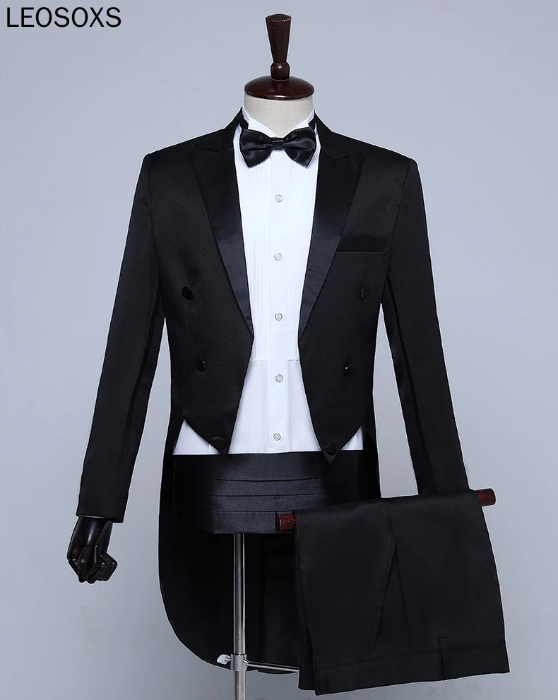 

New Plus Size S-3XL Mens Classic Black White Shiny Lapel Tail Coat Tuxedo Wedding Groom Stage Singer Four Piece Suit