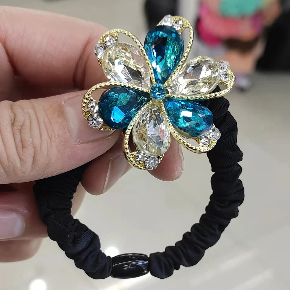 New Fashion High Elastic Rubber Band With Shiny Crystals For Women Headwear Colorful Flower To Fix Hair Trend Hair Elastic Band