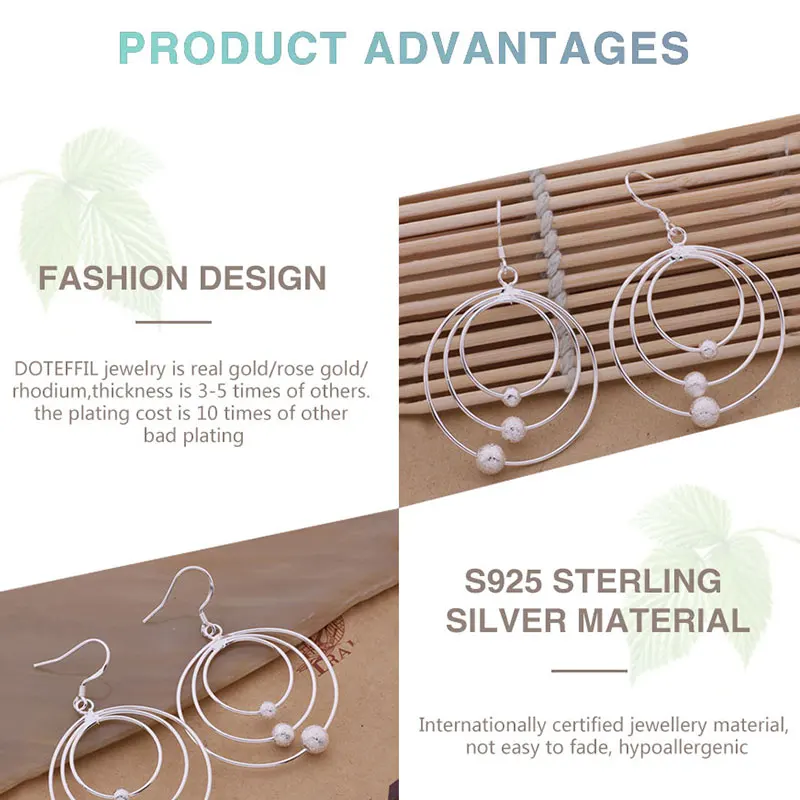 DOTEFFIL-pendientes de plata de ley 925 con tres círculos, cuentas esmeriladas, joyería para mujer, regalo de fiesta de boda