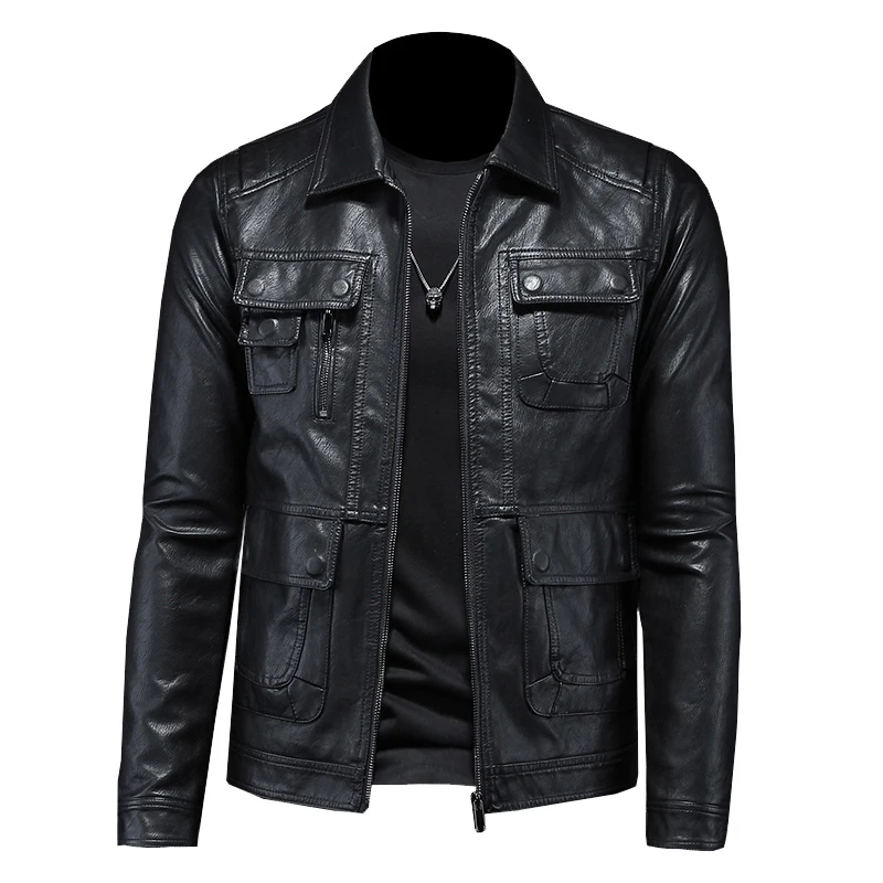 

Spring Leather Jacket For Men Coat Brand Clothing Turndown Collar Zipper Multiple Pockets Slim PU Motorcycle Biker Black Outwear