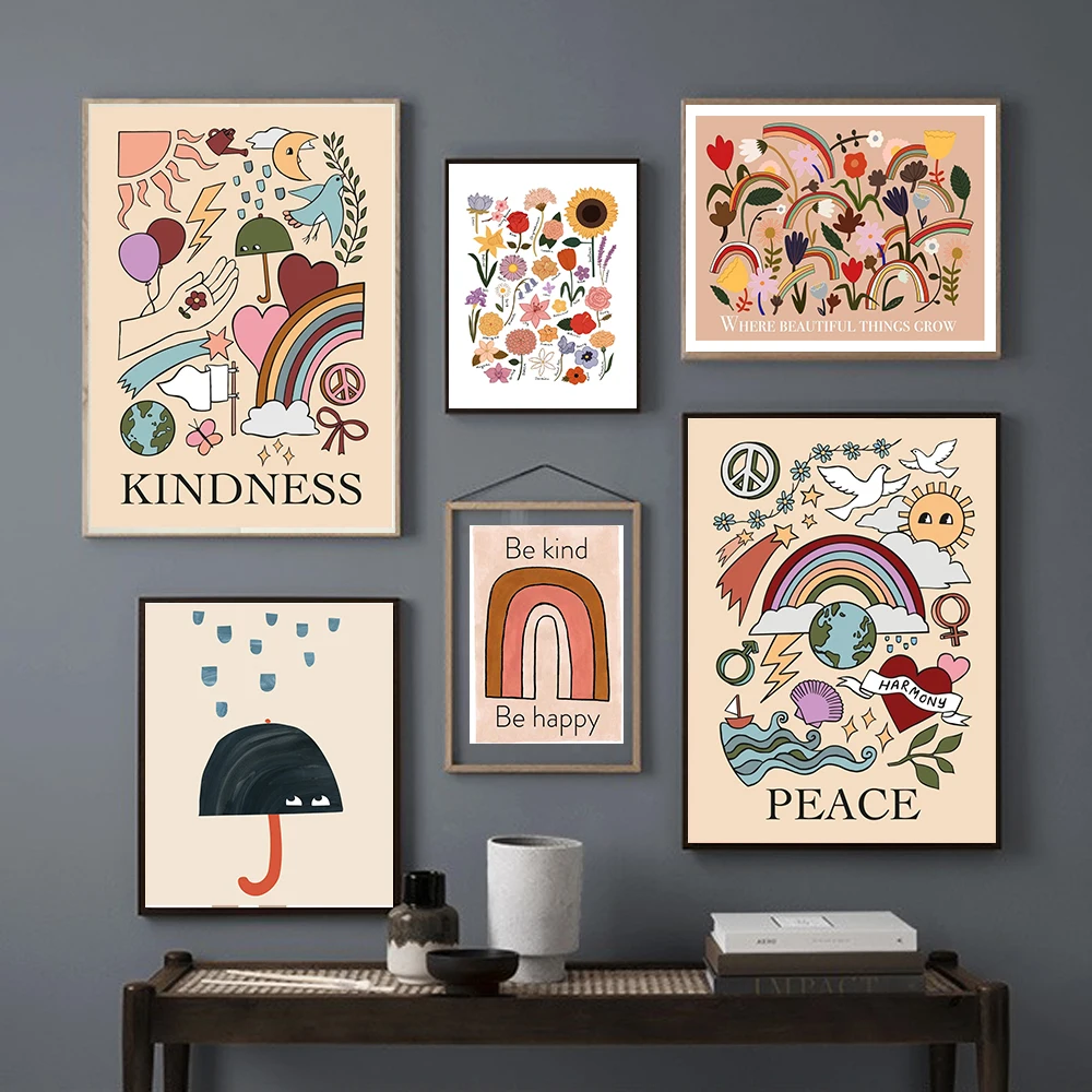 Nursery Cartoon Peace Kindness Art Quotes Wall Pictures Rainbow Posters and Prints Inspiration Canvas Painting Homeschool Decor