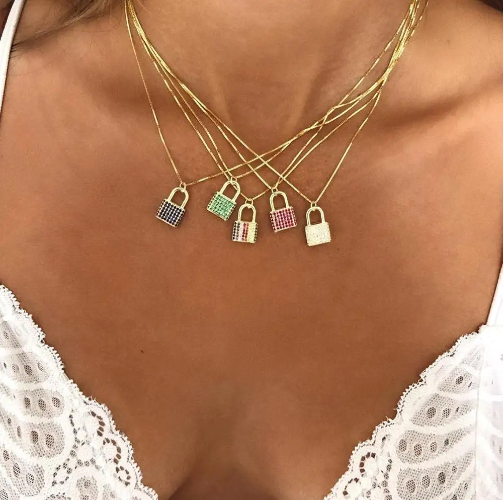 Gold color white red blue green cubic zirconia cz paved lock pendant colorful fashion women necklace