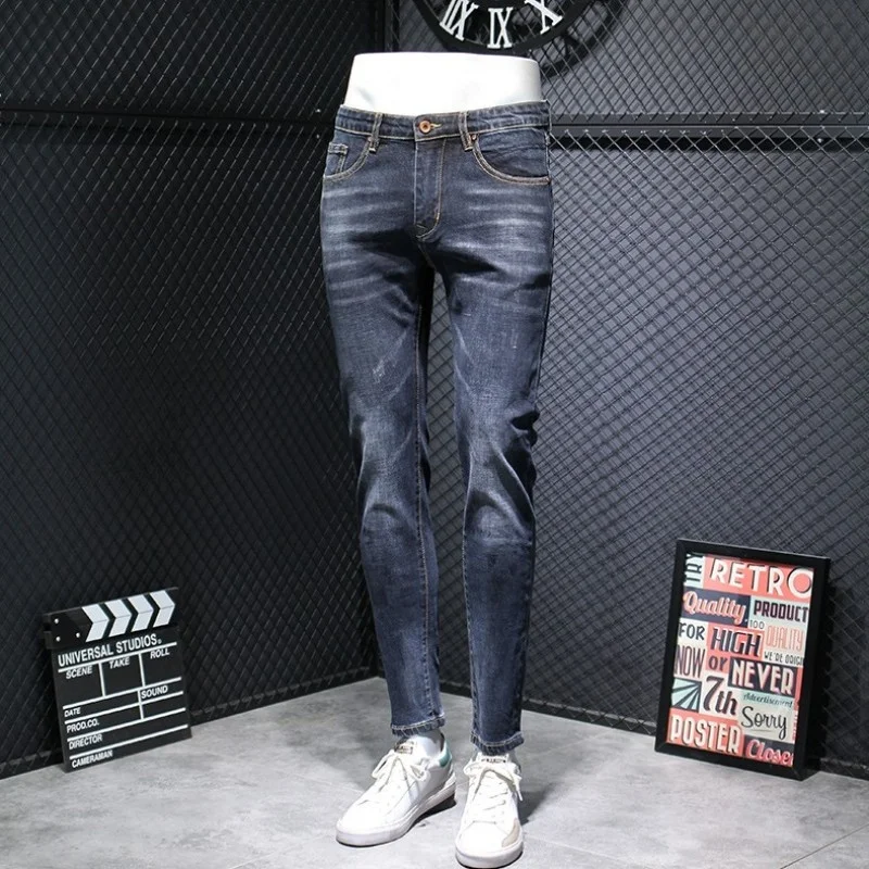 

Blue Vintage Jeans Mens Slim Fit Pencil Pants Casual Stretch Classic Denim Pants 2022 Autumn Fashion Design Long Trousers Men