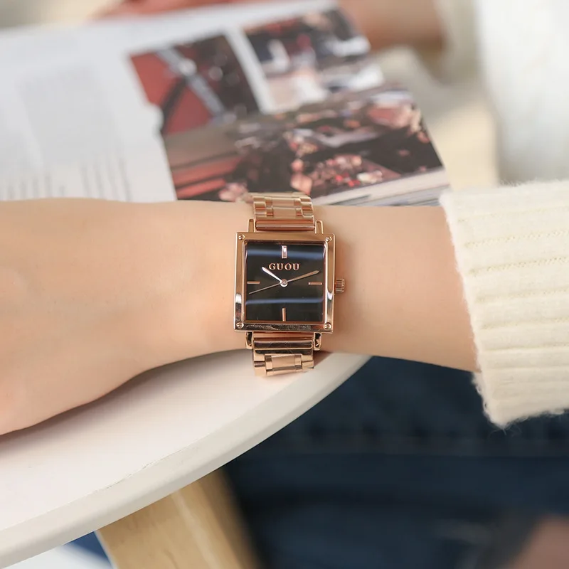 Fashion Guou Top Brand Women Square Wristwatch Ladies Luxury Stainless Steel Quartz Watch Woman Waterproof Clock Relojes Mujer