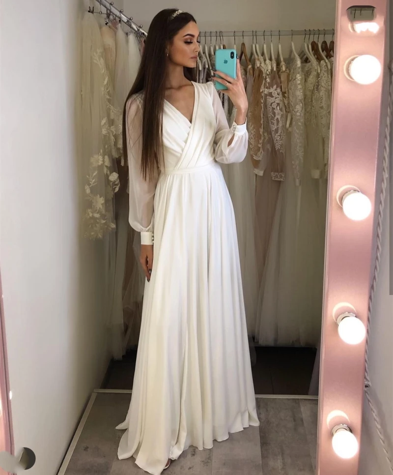 

2021 Long Sleeve High Slit V-Neck Sweep Chiffon Boho A-Line robe de mariee Wedding Dress vestido novia Robe De Soiree