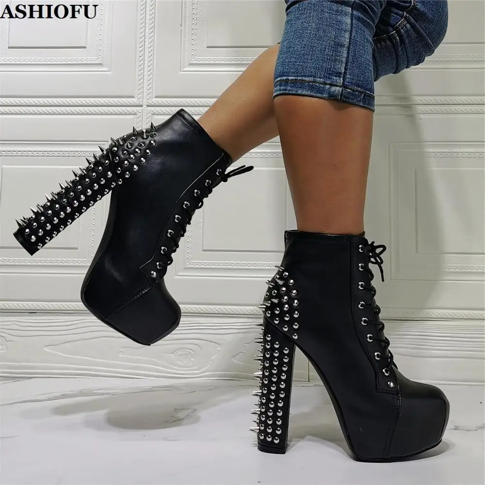 ASHIOFU New Handmade Women's Thick-heel Boots Real-pics Rivets Spikes Sexy Party Ankle Booties Evening Club Fashion Short Boots