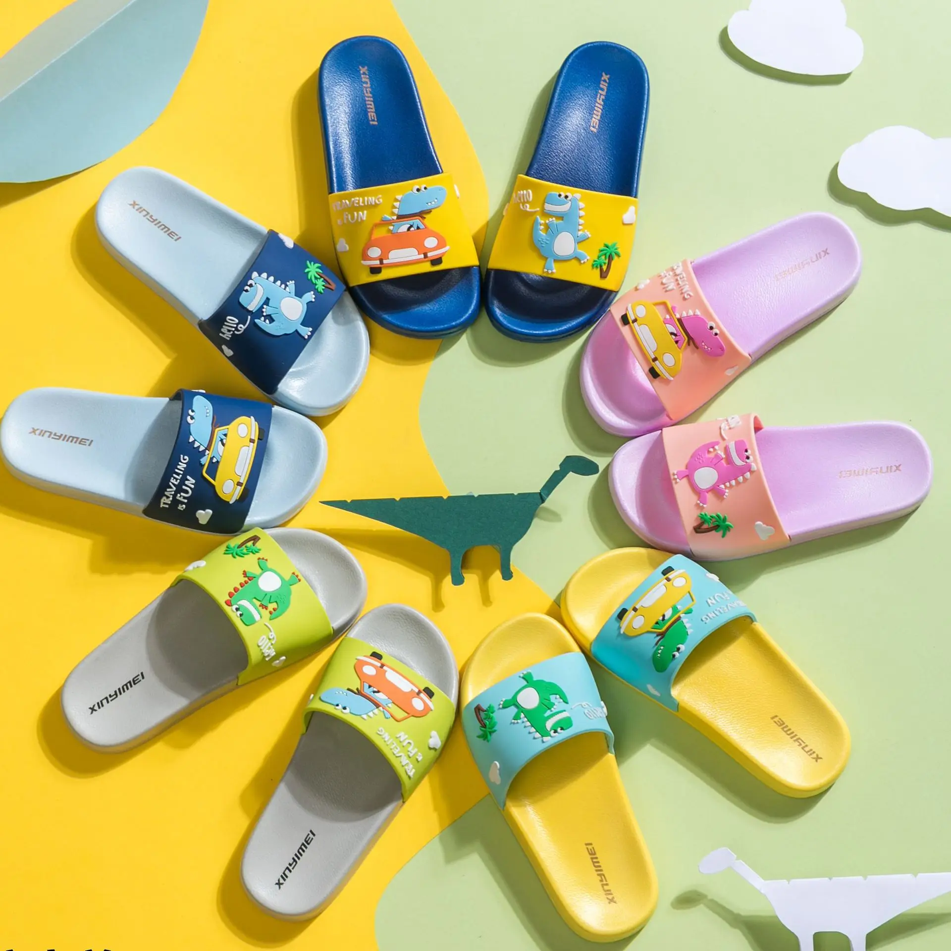 Cute Kids Slippers Dinosaur Car Pattern Children Baby Home Slippers Waterproof Breathable Non-slip Boys Girls Home Shoes